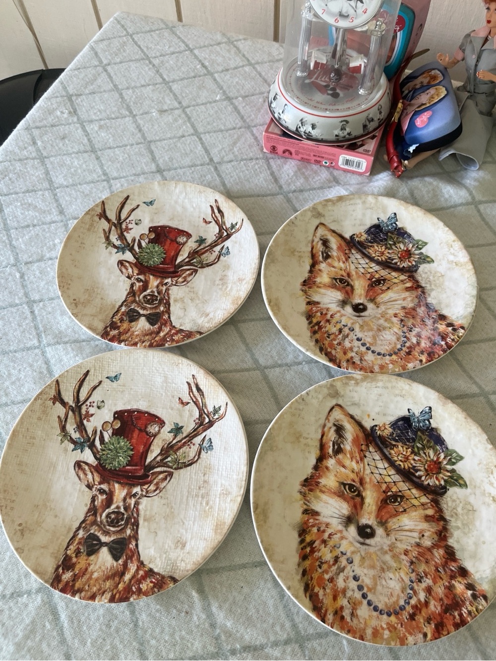 Pier 1 Fox and Deer Stoneware Plates in Cream, Brown, Red